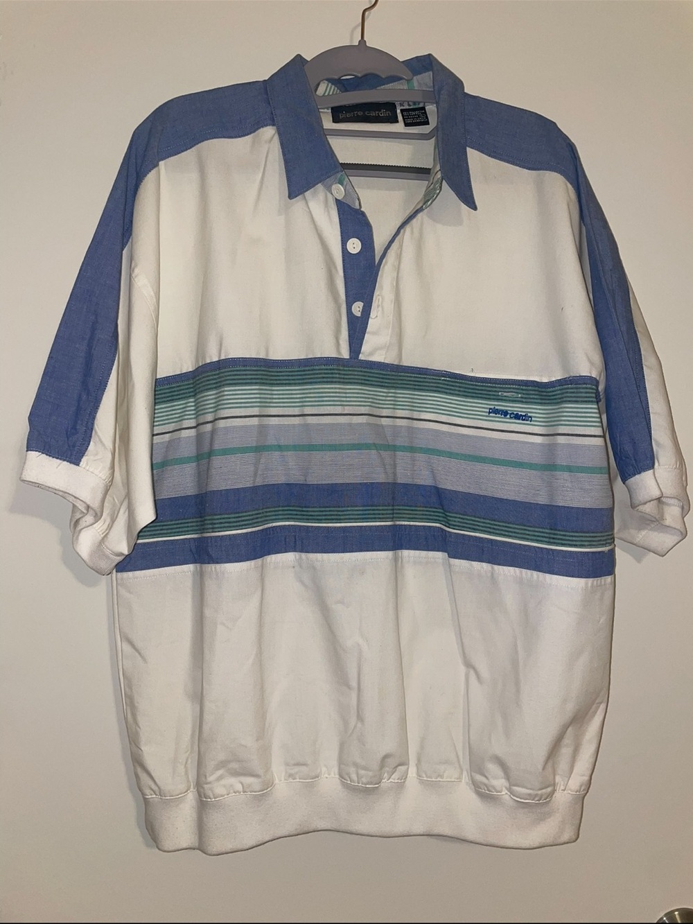 Pierre Cardin White and Blue Striped Polo Shirt Vintage
